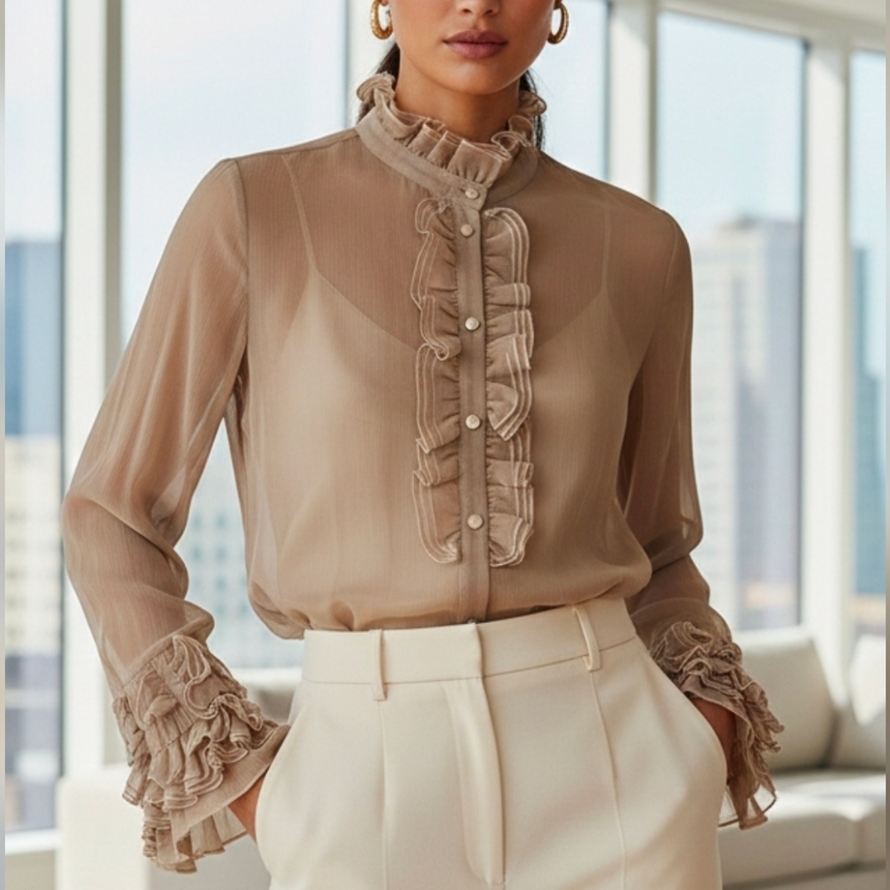 Chic Sheer Beige Ruffle Blouse